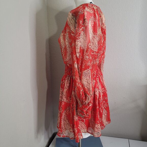 Zara XS dress elastic waist lining sheer longsleeve button elastic waist red - Picture 5 of 12